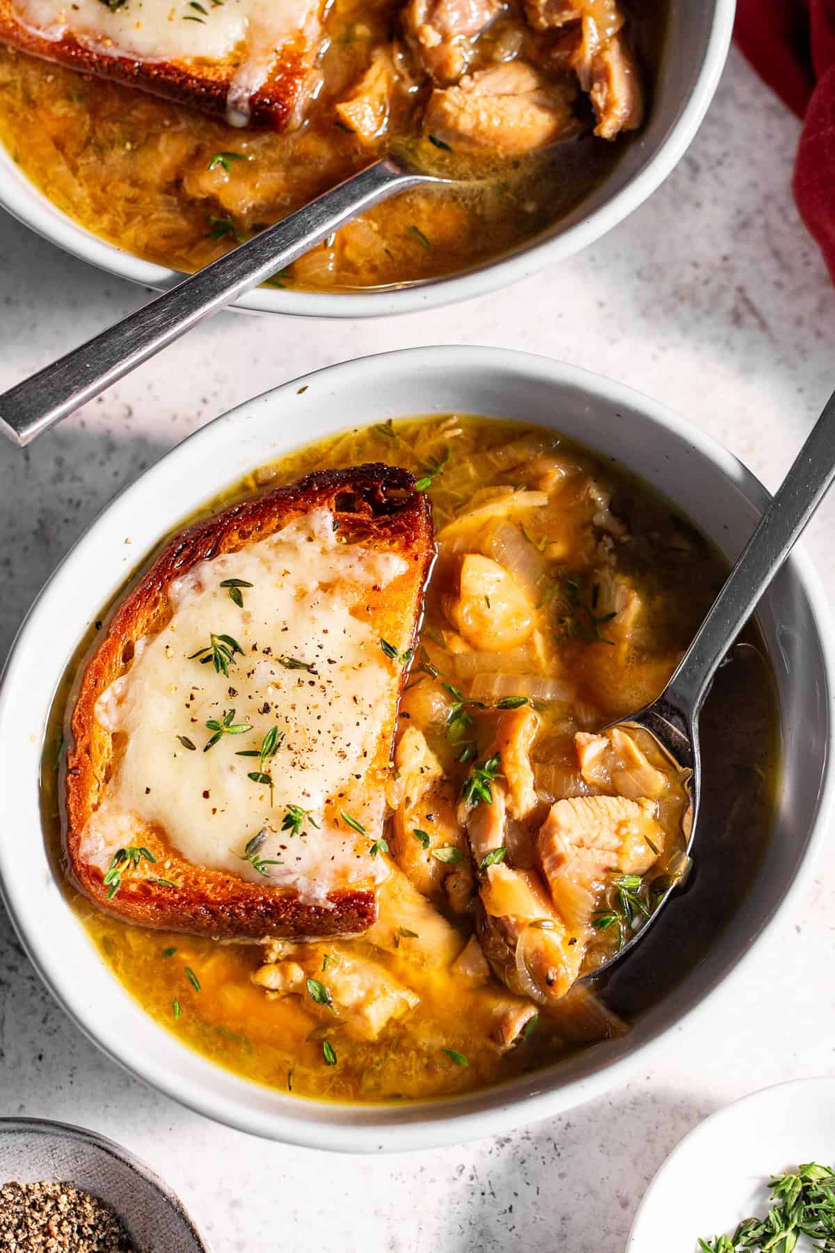 french onion chicken soup with gluten free toast and gruyere cheese