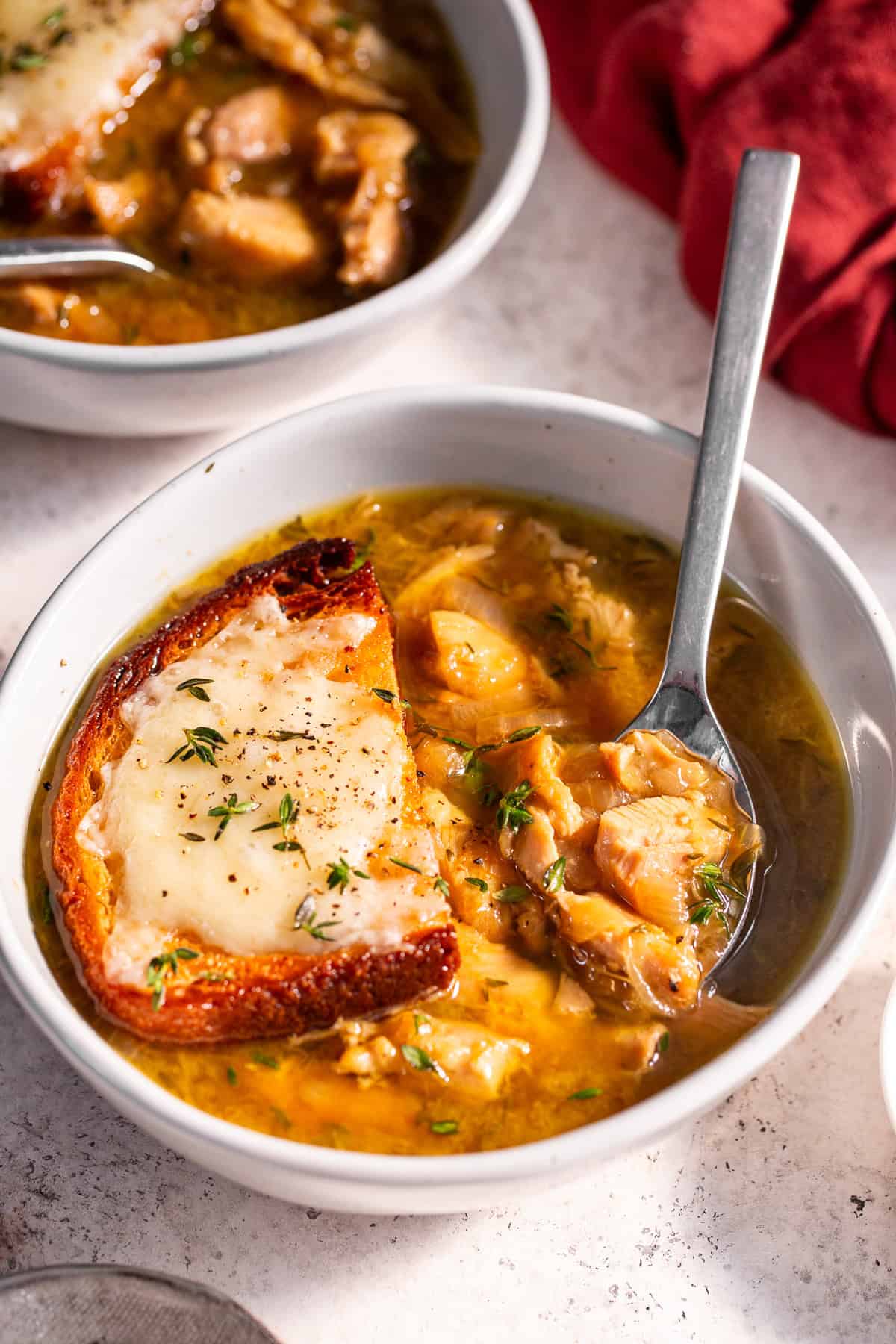 french onion chicken soup with gluten free toast and gruyere cheese