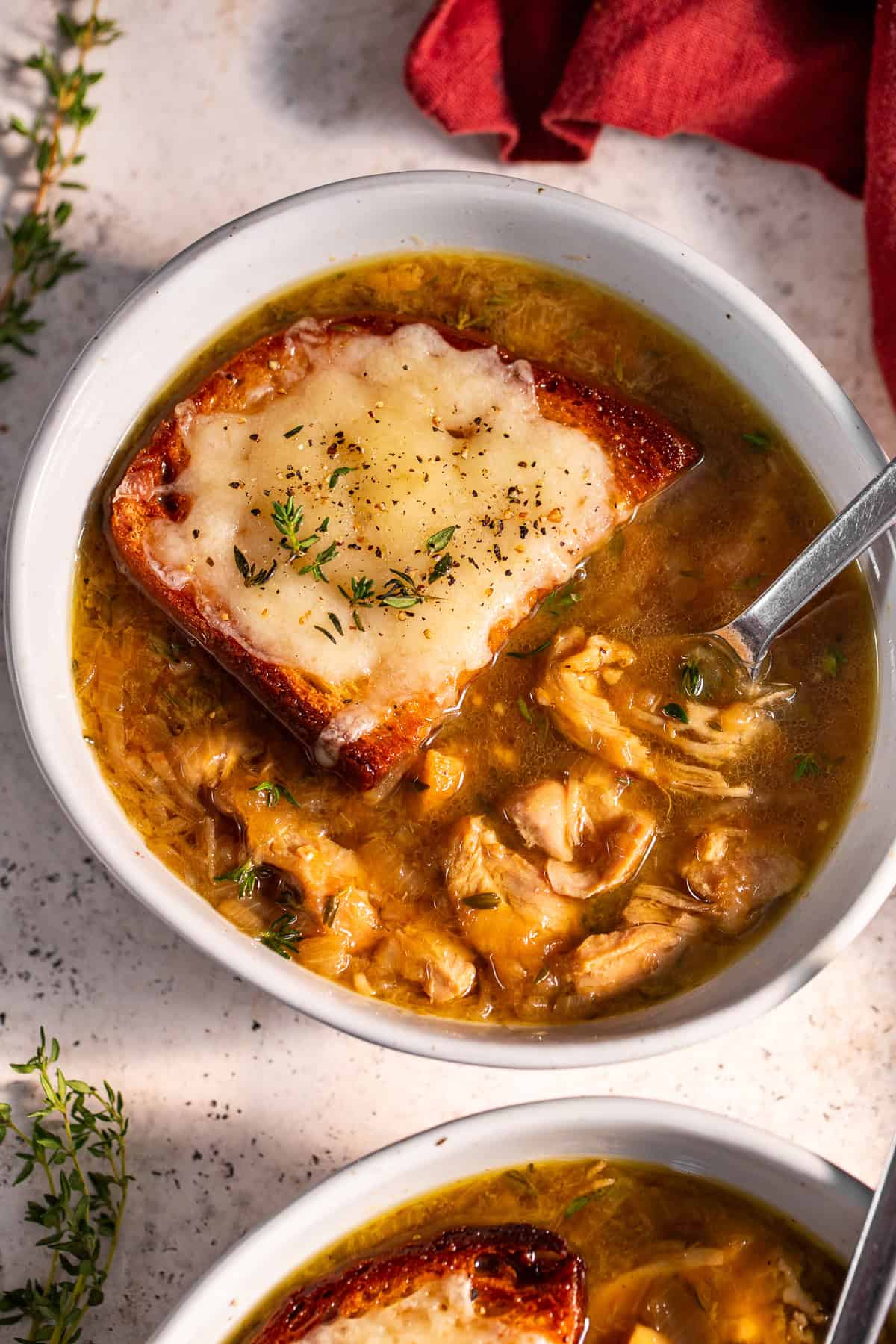 french onion chicken soup with gluten free toast and gruyere cheese