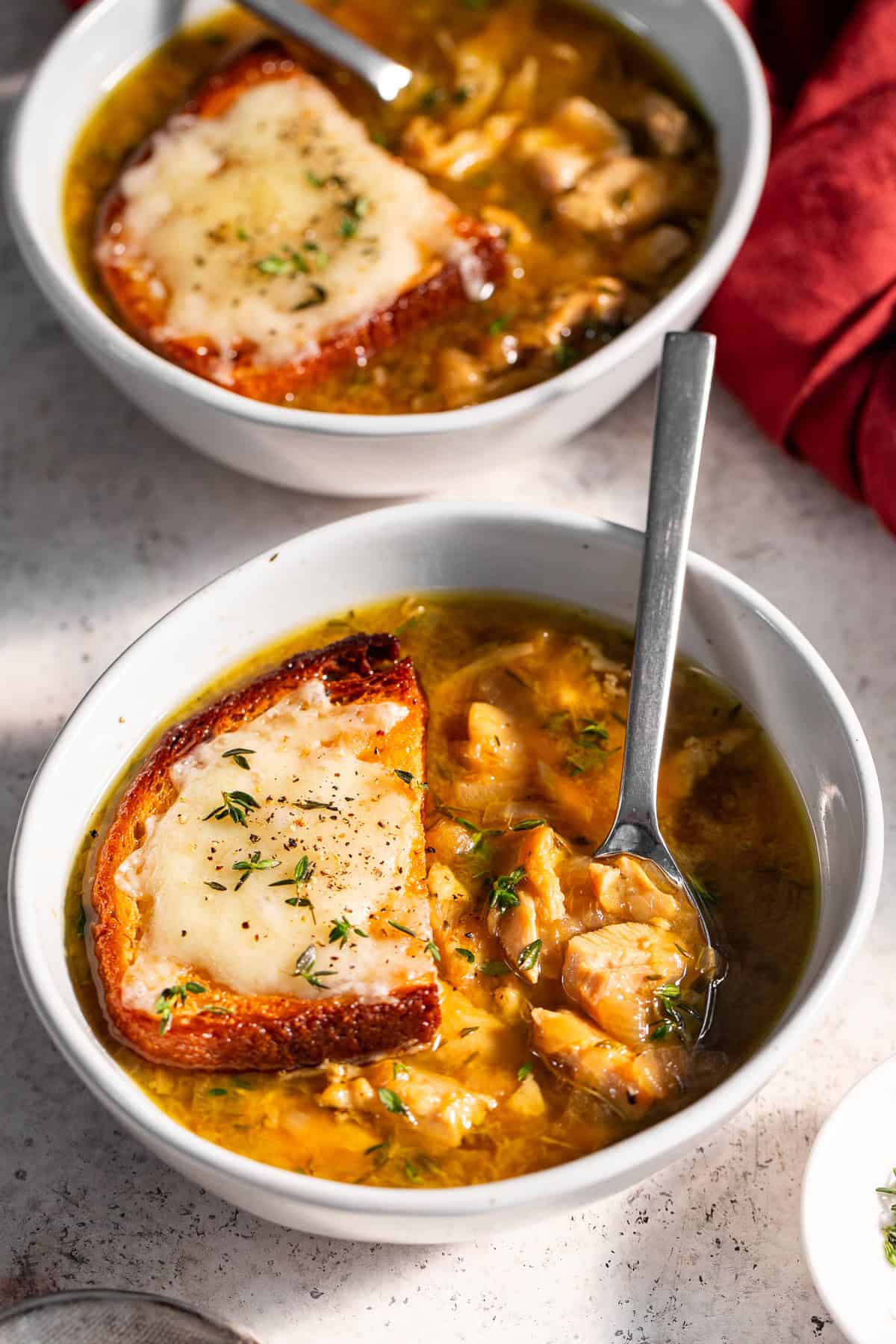 french onion chicken soup with gluten free toast and gruyere cheese